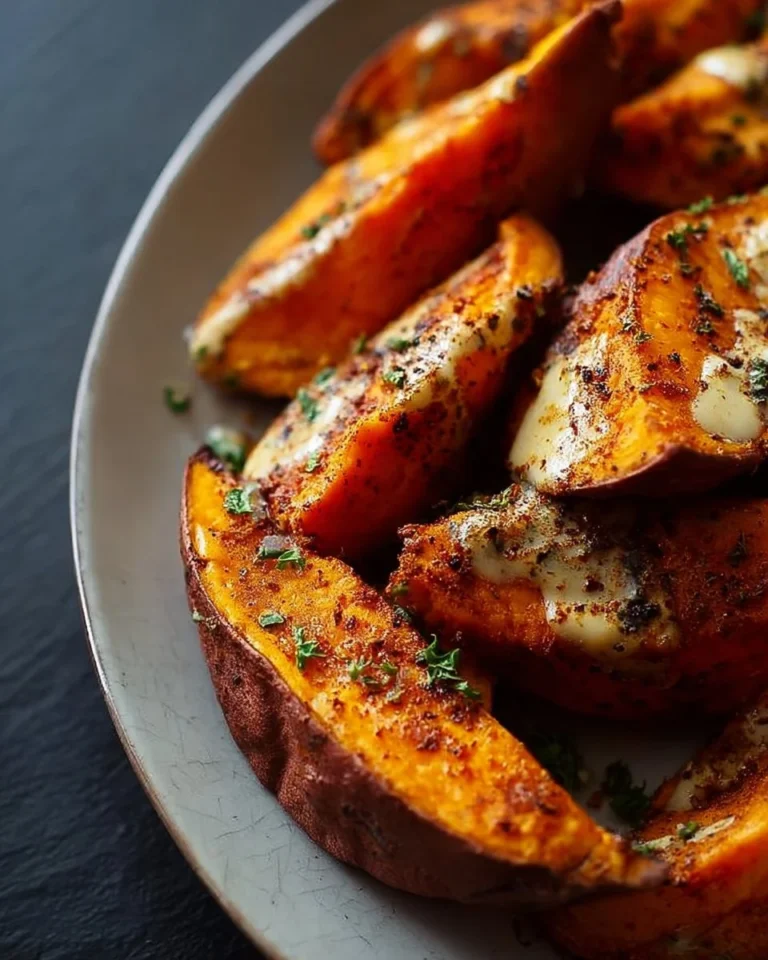 Baked Mediterranean sweet potatoes with herbs and spices served on a plate