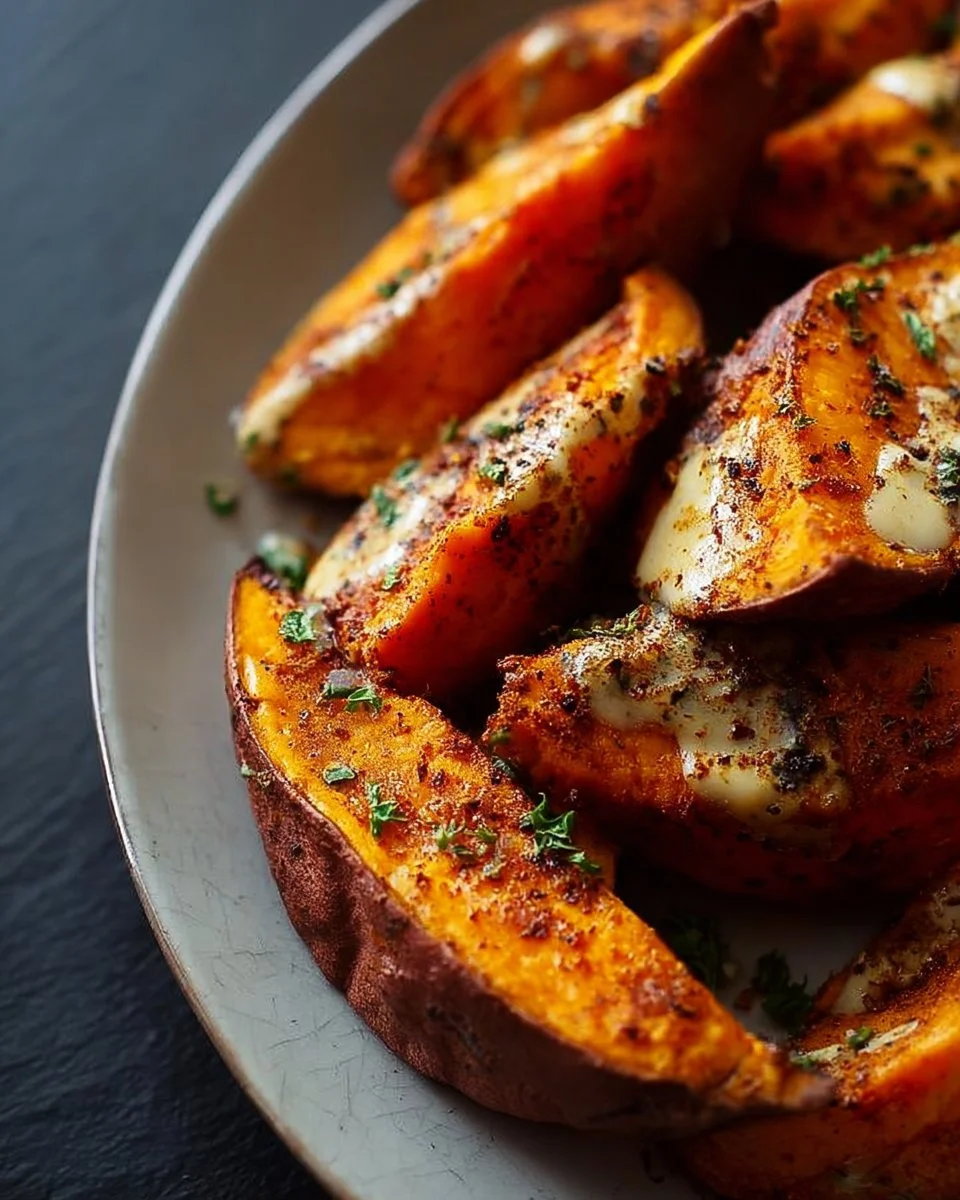 Baked Mediterranean sweet potatoes with herbs and spices served on a plate