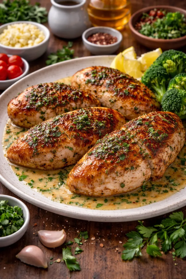 Melt-in-your-mouth chicken breast served on a plate with herbs
