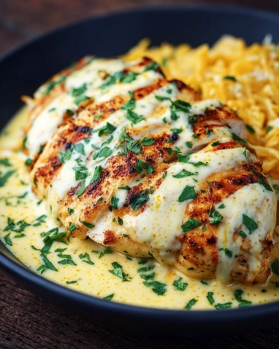 Plate of Mexican Chicken topped with creamy cheese sauce and spices