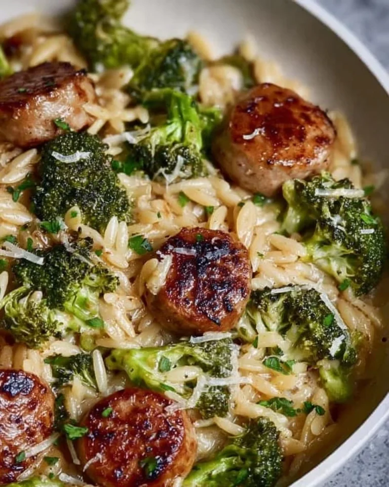 One-Pan Creamy Orzo with Chicken Sausage and Broccoli dish