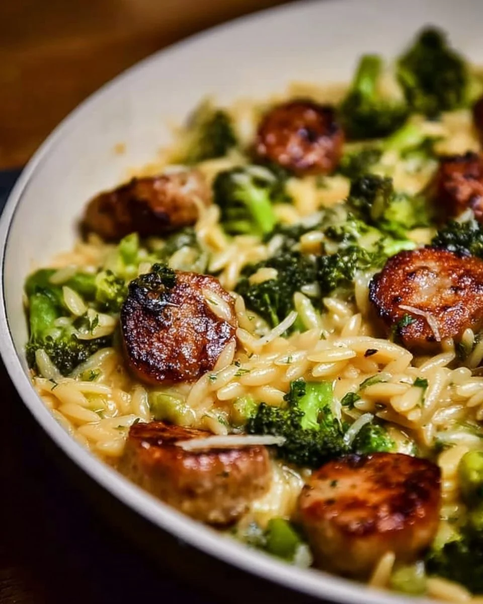 One-Pan Creamy Orzo with Chicken Sausage and Broccoli