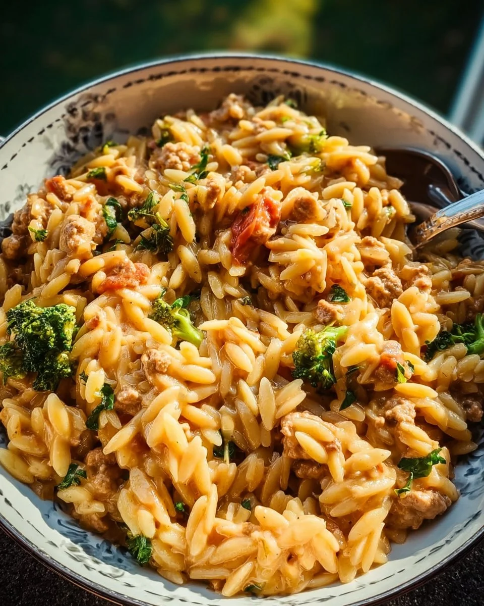 One-Pot Ground Turkey Orzo dish served in a bowl with herbs and vegetables