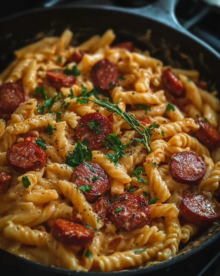 One Pot Kielbasa Pasta with vegetables in a skillet