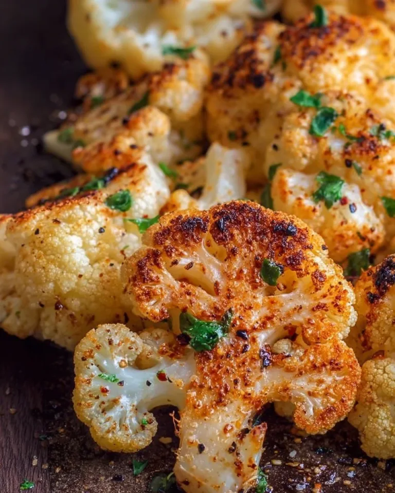 Plate of oven roasted cauliflower seasoned with herbs and spices