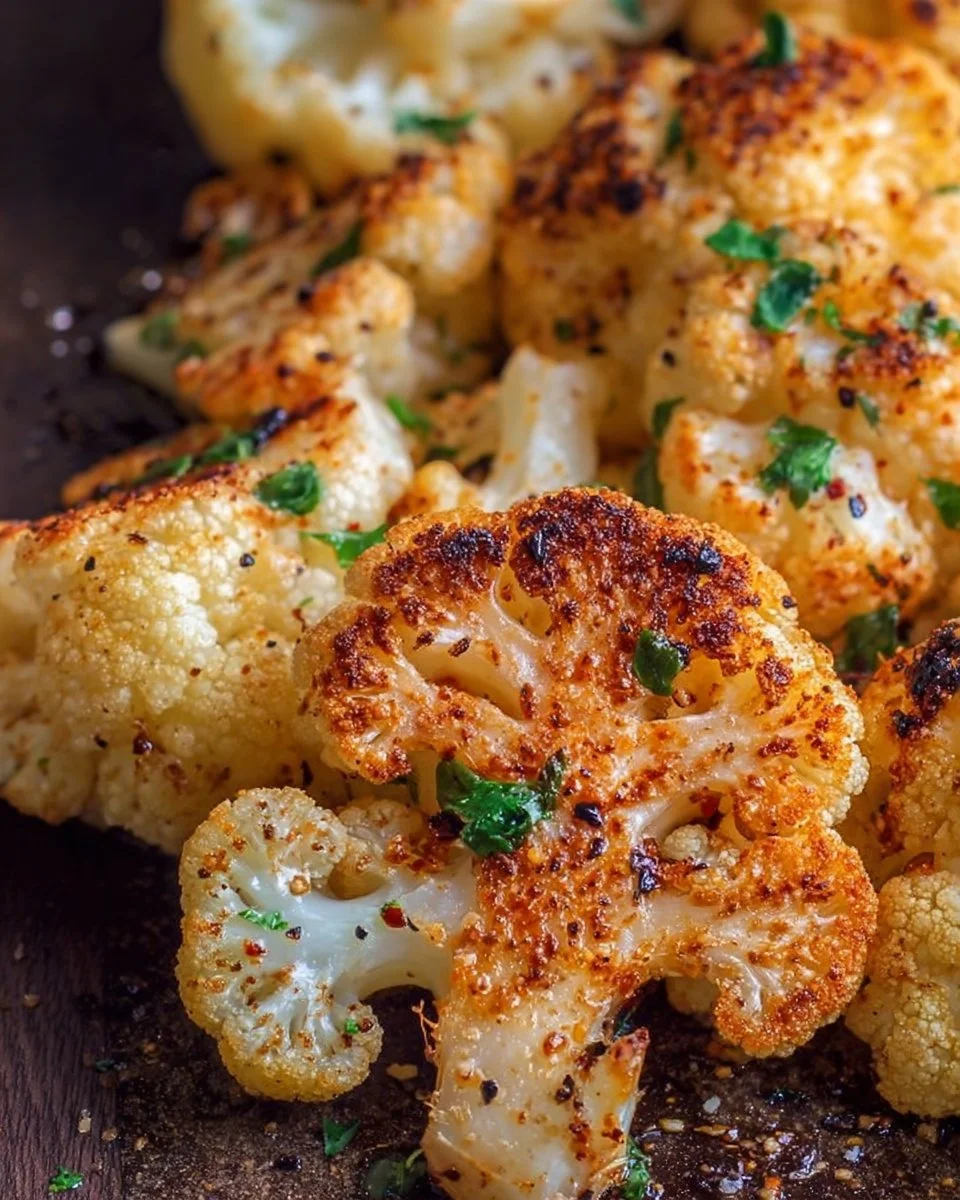 Plate of oven roasted cauliflower seasoned with herbs and spices