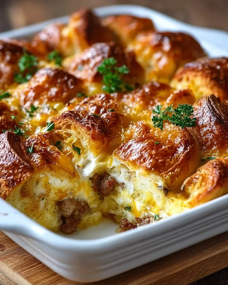 Delicious overnight croissant breakfast casserole topped with fresh fruit