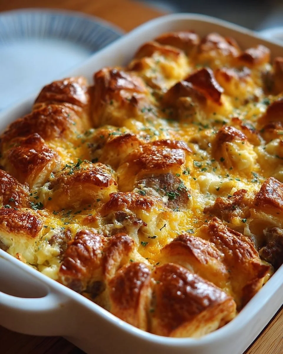 Overnight croissant breakfast casserole topped with fresh berries and whipped cream