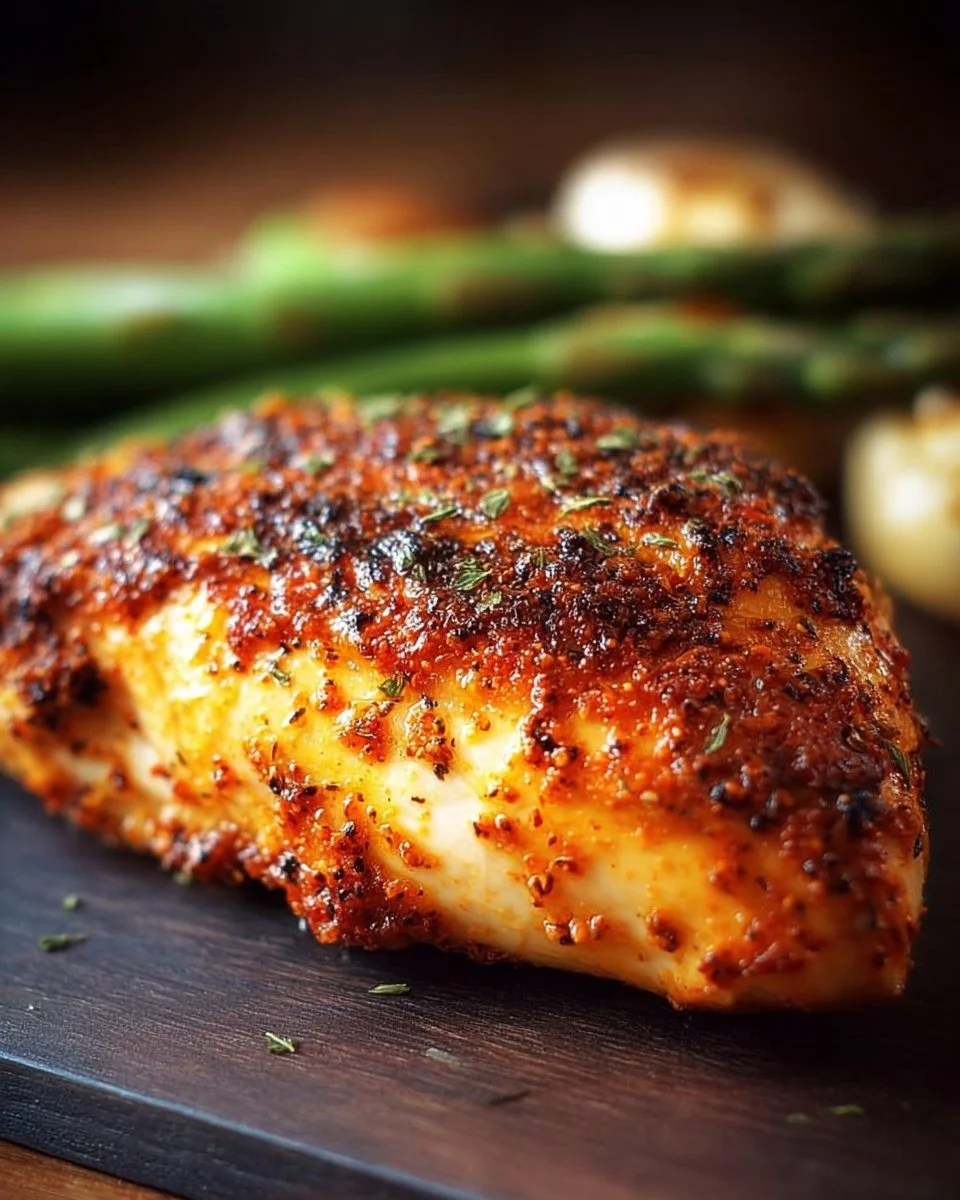 Delicious Paprika Baked Chicken Breast served with herbs and spices.