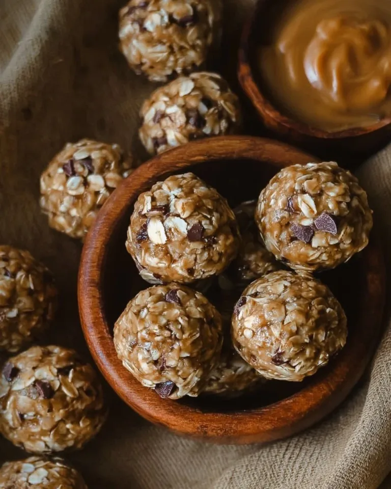 Nutritious Peanut Butter Oatmeal Balls stacked on a wooden table