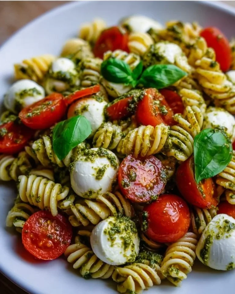 Delicious Pesto Caprese Pasta Salad with fresh basil, mozzarella, and cherry tomatoes
