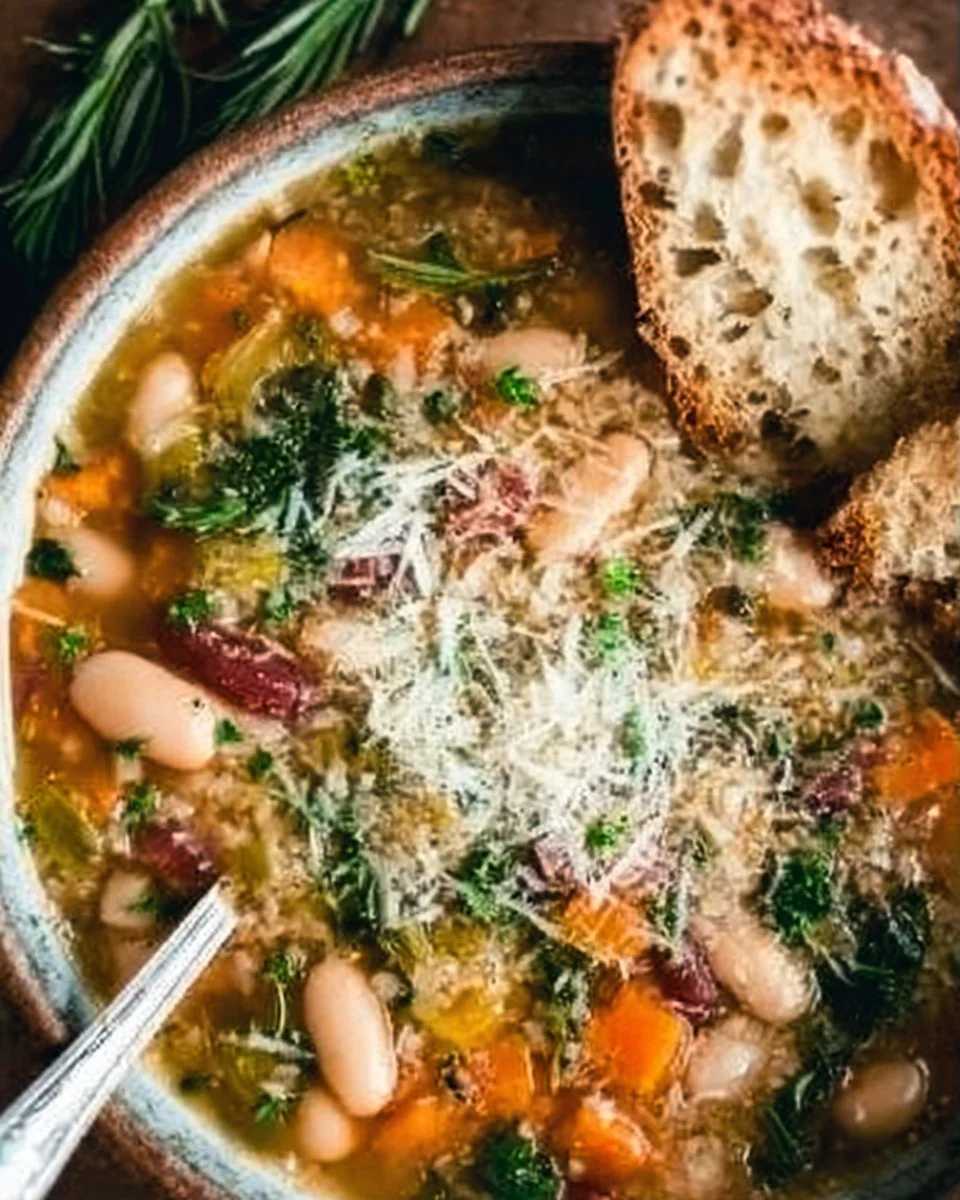 Colorful bowl of healthy bean soup with fresh ingredients and herbs