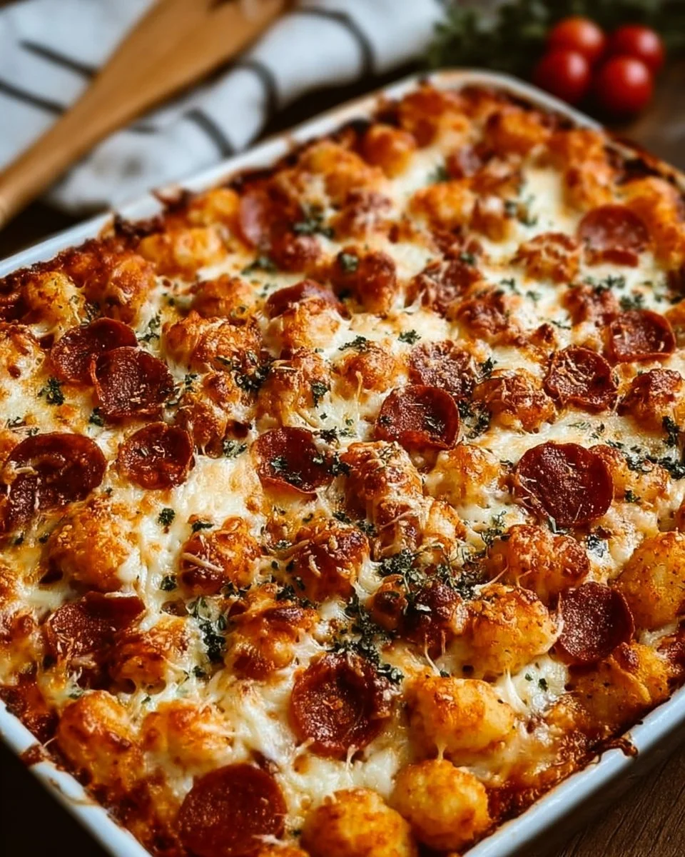 Pizza Tater Tot Casserole with melted cheese and toppings ready to eat