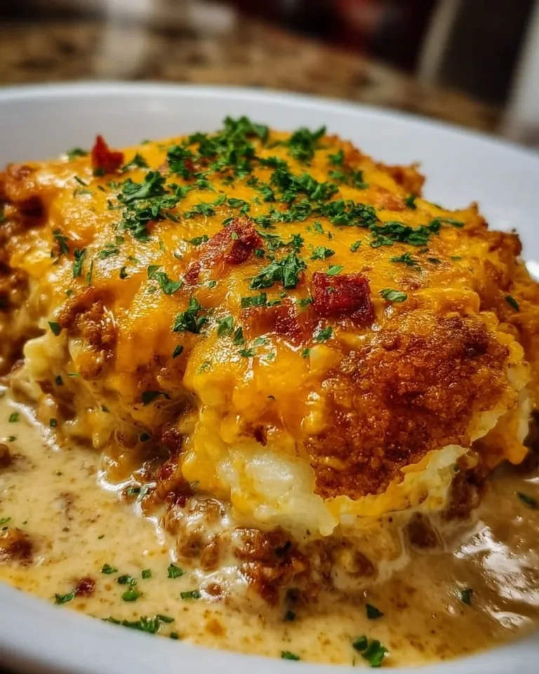 Delicious Quick & Cozy Cowboy Casserole topped with melted cheese