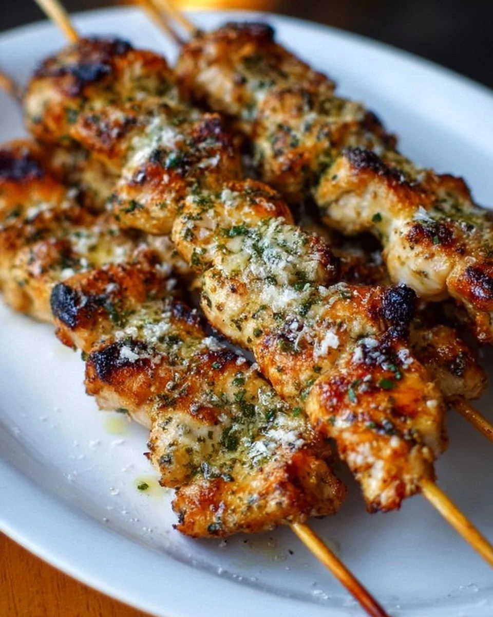 Ranch Garlic Parmesan Chicken Skewers ready to serve, garnished with herbs.