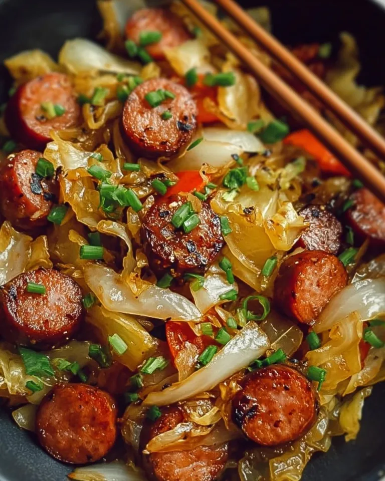 Sausage and cabbage stir fry in a colorful skillet