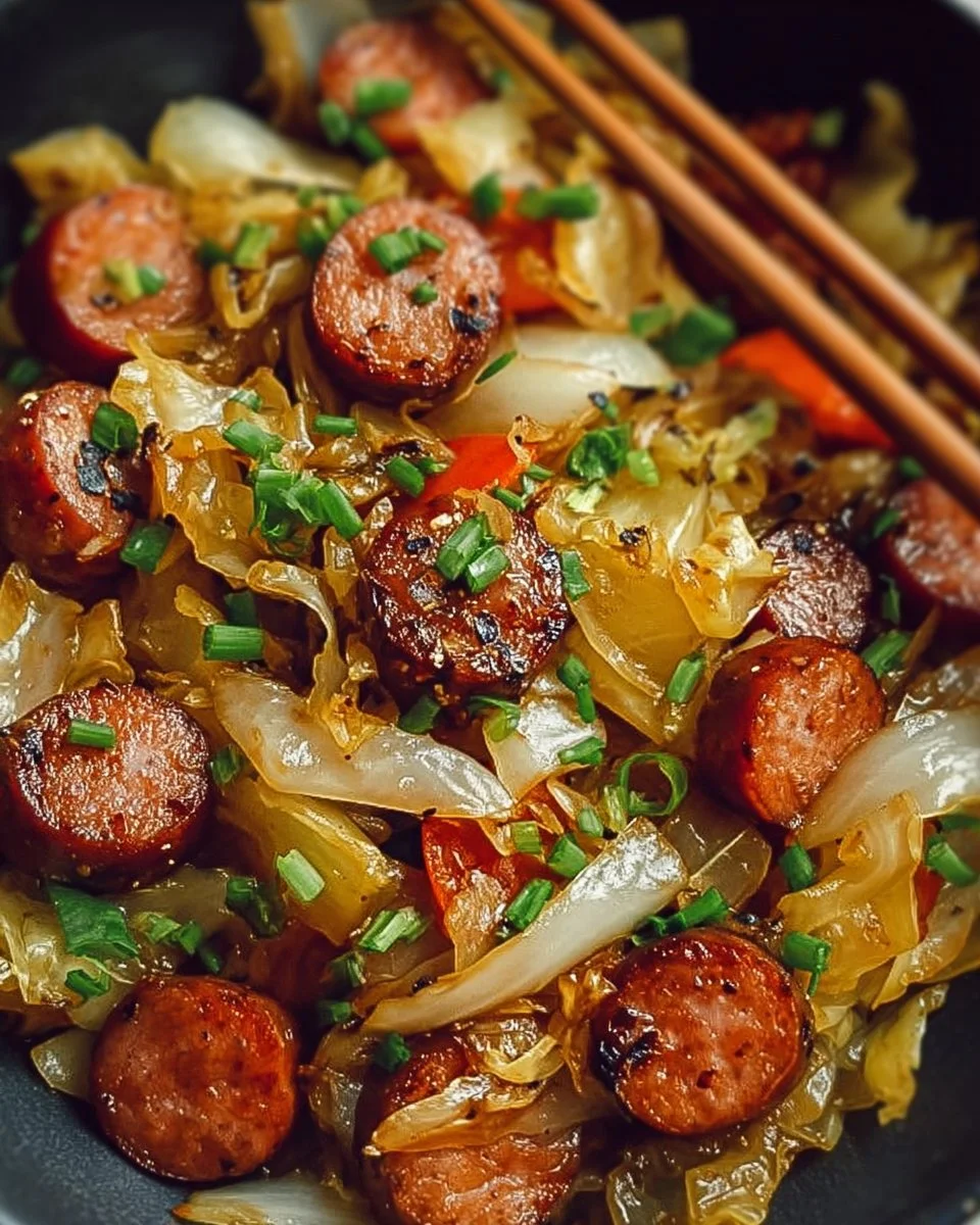 Sausage and cabbage stir fry in a colorful skillet