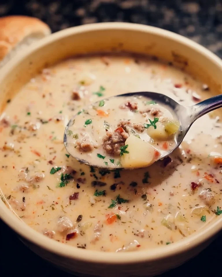 Bowl of hearty Sausage Potato Soup with slices of sausage and chunks of potatoes