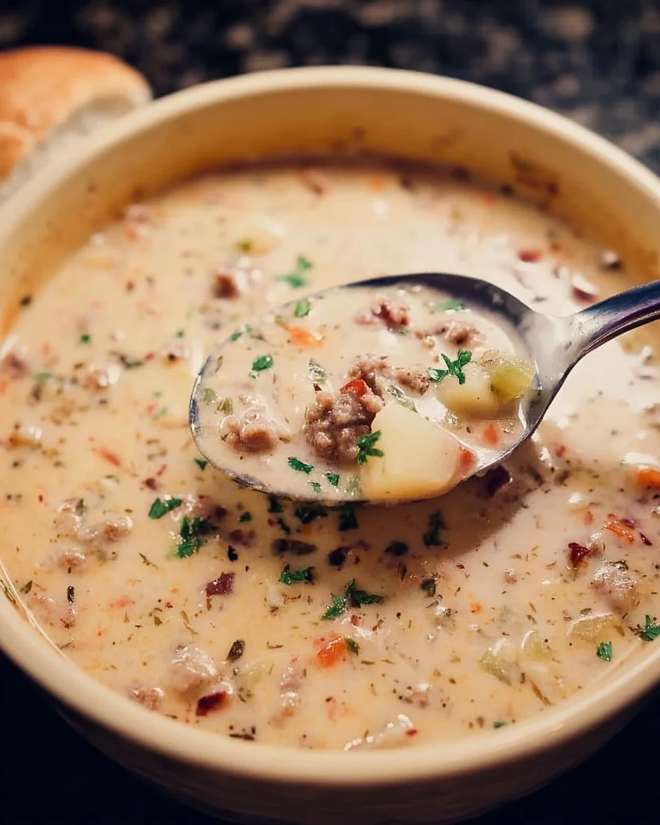 Bowl of hearty Sausage Potato Soup with slices of sausage and chunks of potatoes