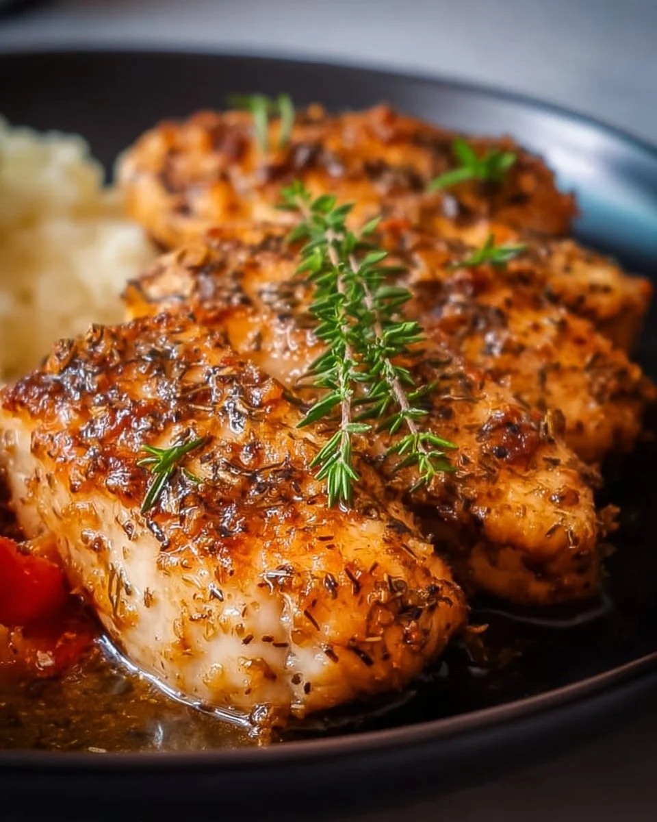 Tender slow cooked chicken breast served with herbs and spices