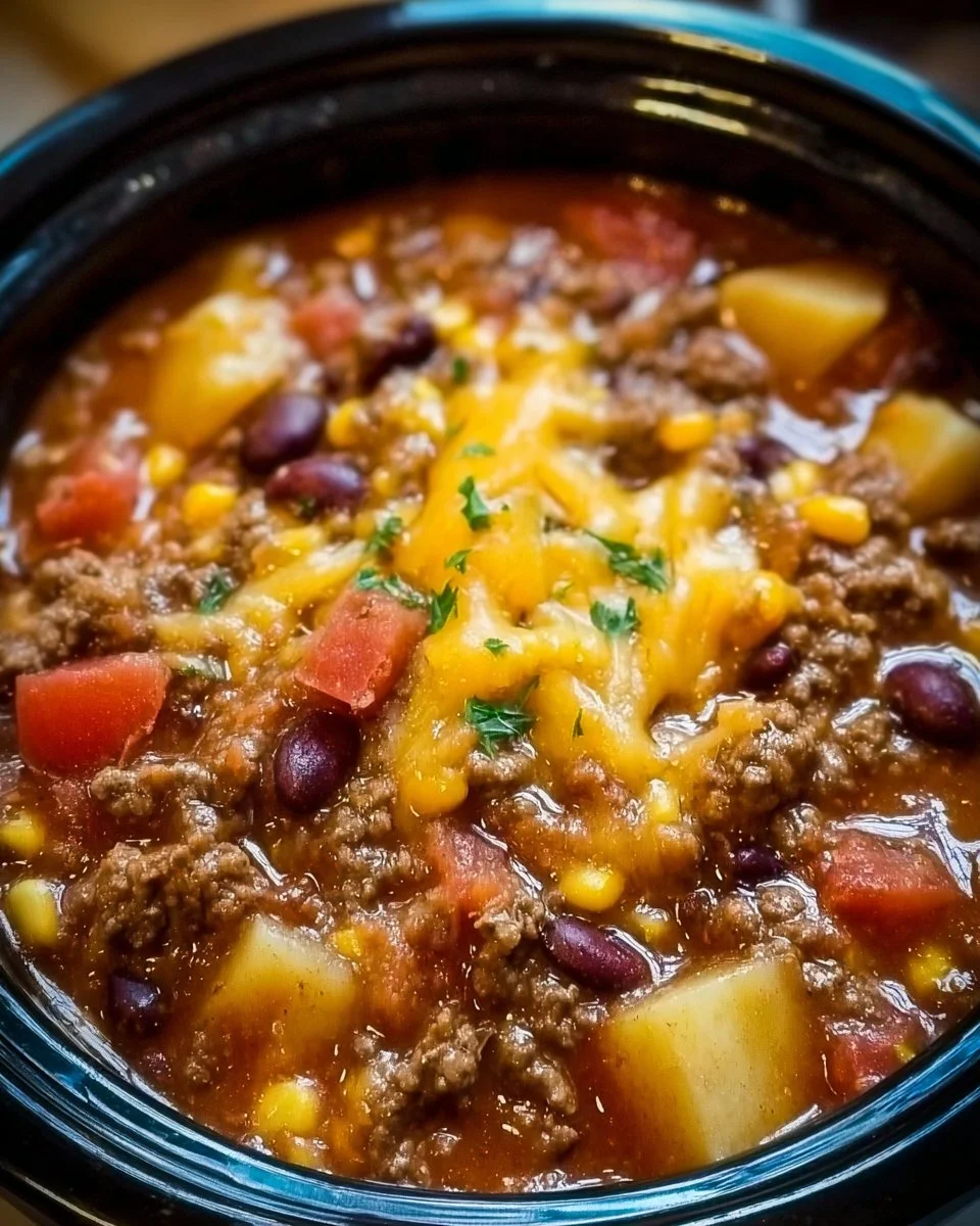 Delicious slow cooker cowboy casserole with beef, beans, and cheese