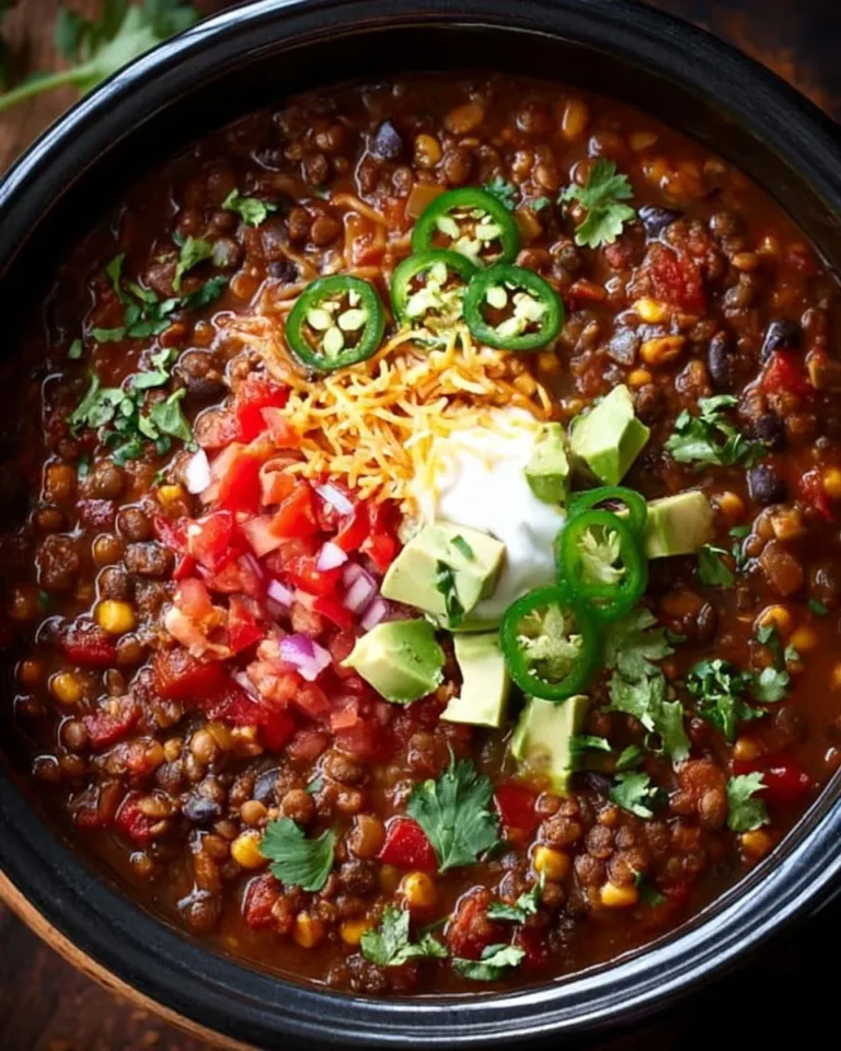 Delicious slow cooker lentil taco chili in a bowl garnished with fresh herbs.