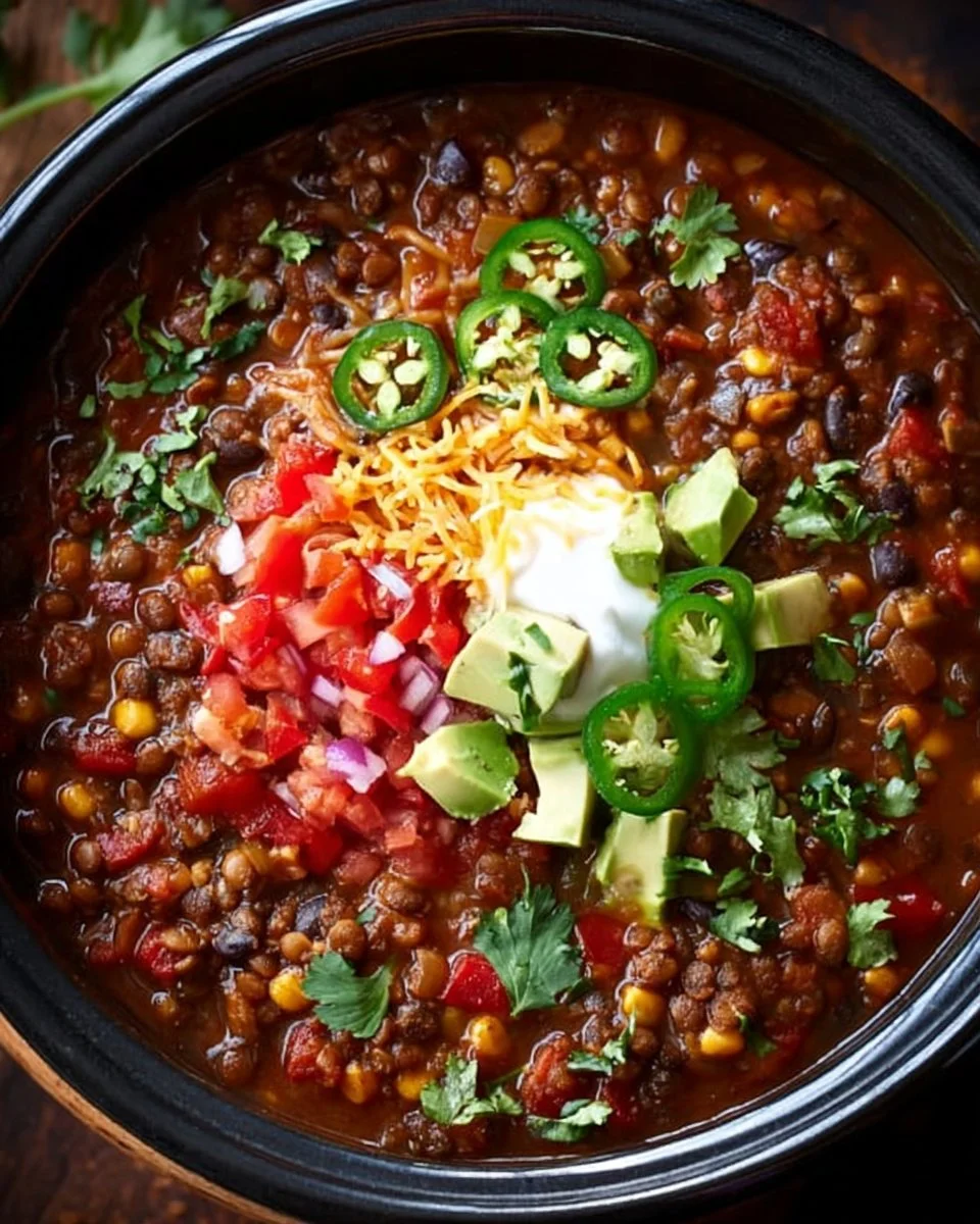 Delicious slow cooker lentil taco chili in a bowl garnished with fresh herbs.