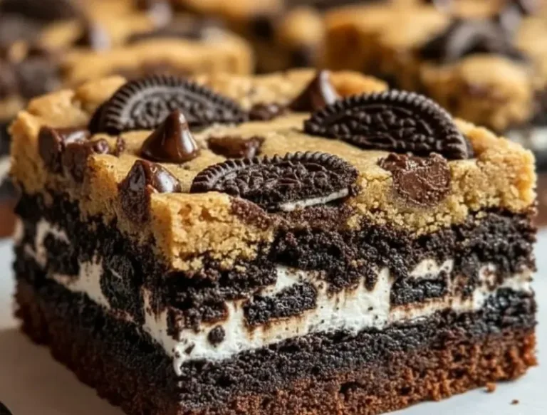 Decadent slutty brownies with layers of cookie dough and Oreos