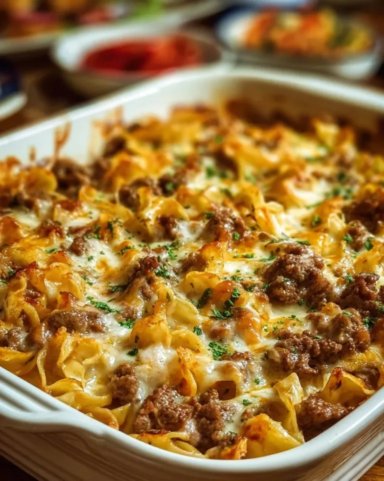Sour Cream Beef Noodle Casserole topped with cheese and herbs