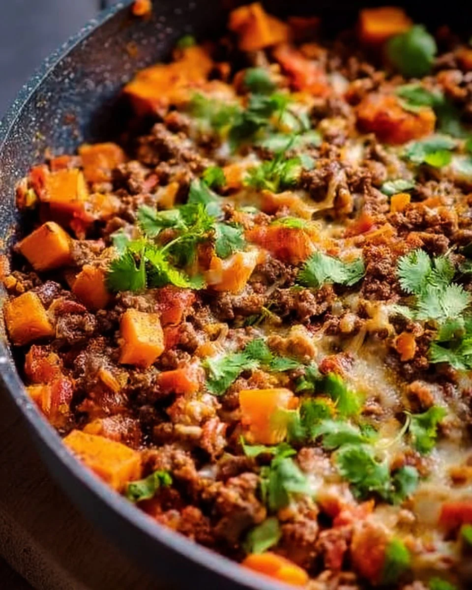Delicious Southwest ground beef and sweet potato skillet served in a pan.
