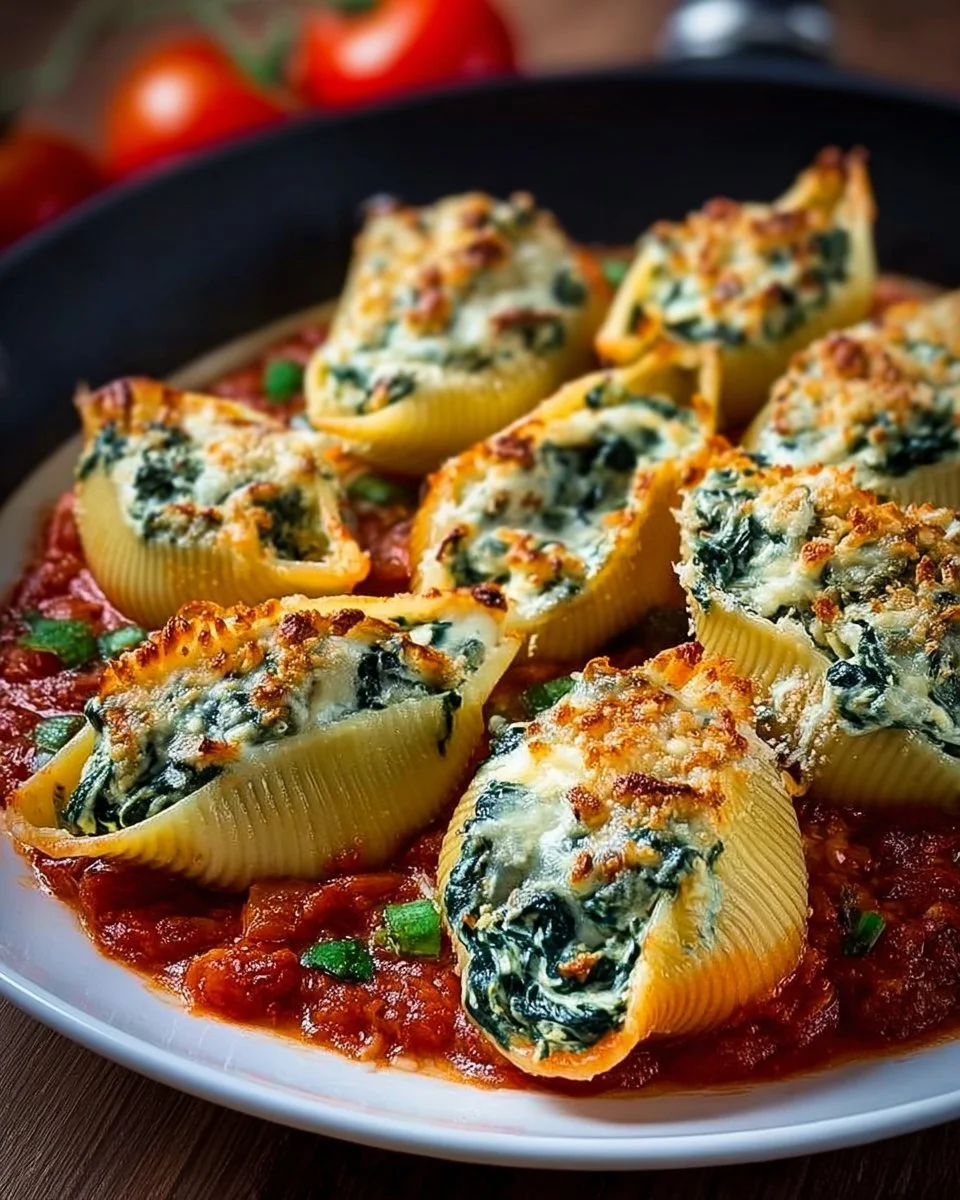 Spinach and ricotta stuffed shells topped with marinara sauce and cheese