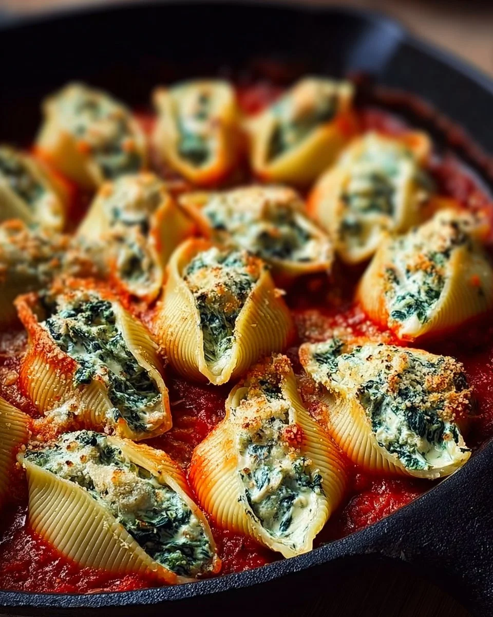 Plate of spinach and ricotta stuffed shells topped with marinara sauce