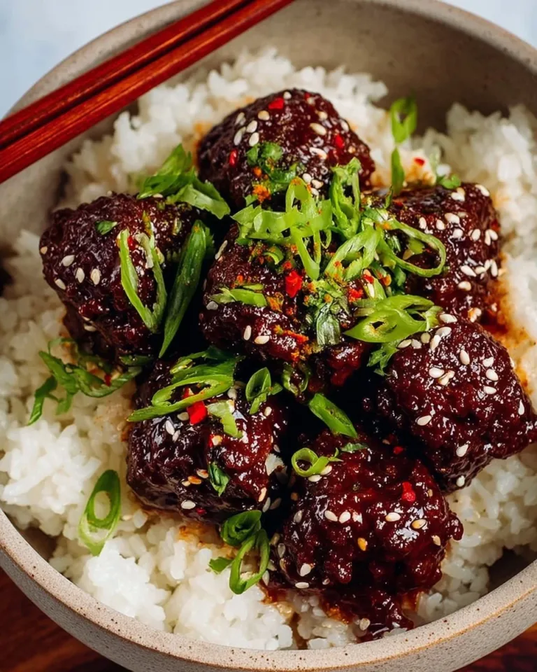 Sticky Mongolian beef meatballs in a serving dish