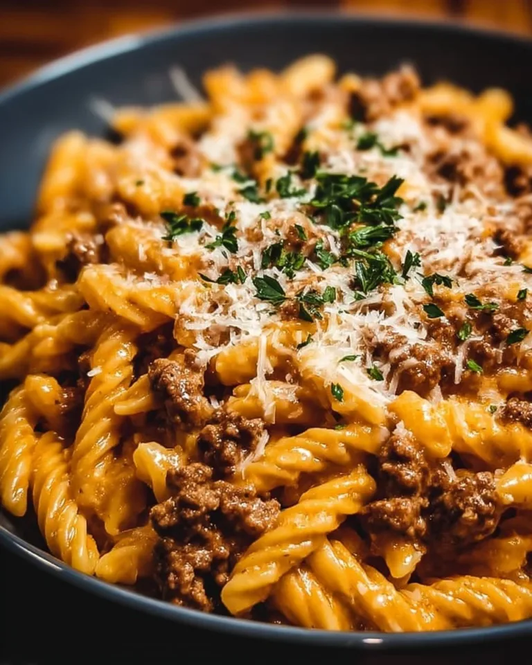 Creamy ground beef pasta cooked in a skillet for a quick dinner