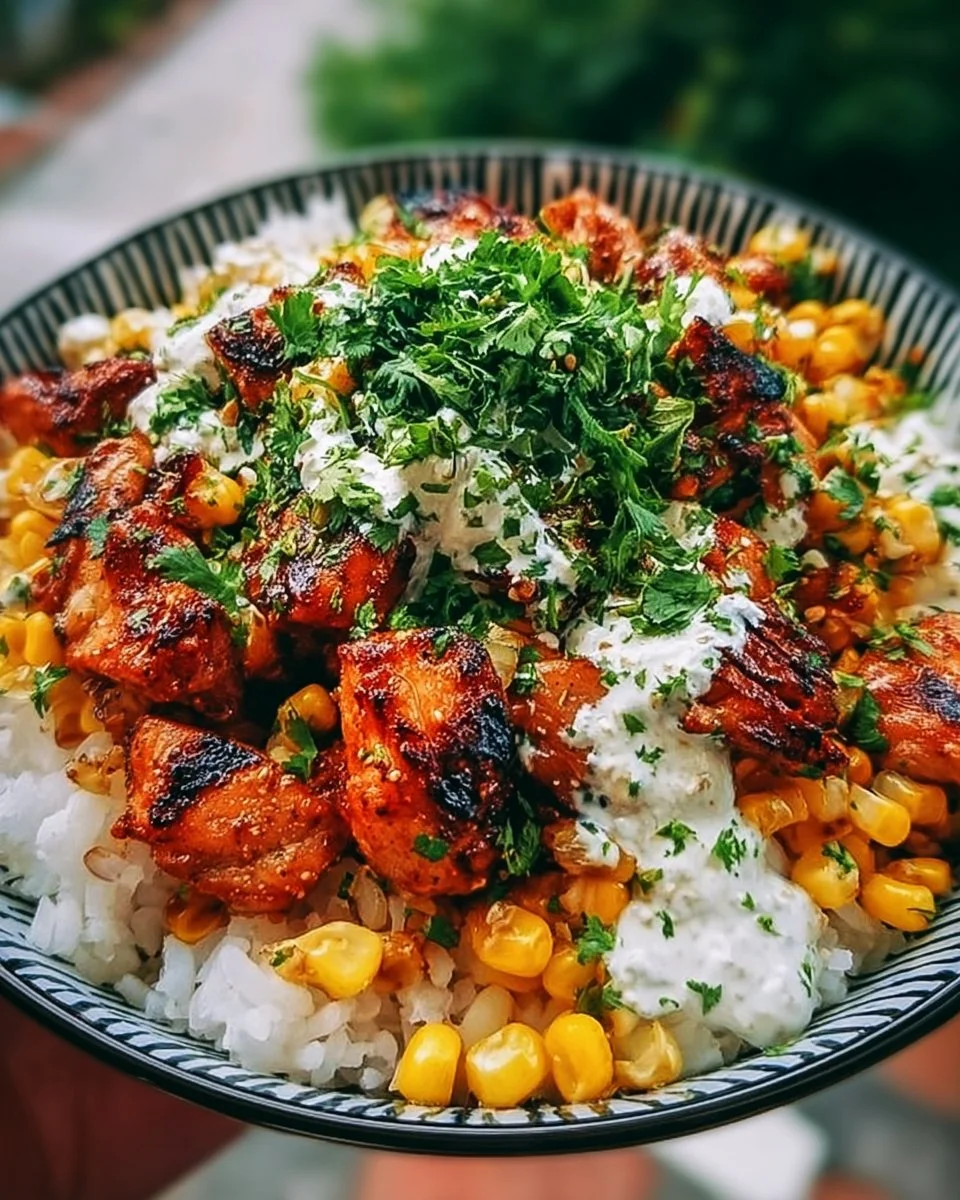 Street Corn Chicken and Rice Bowl featuring corn, chicken, and fresh toppings