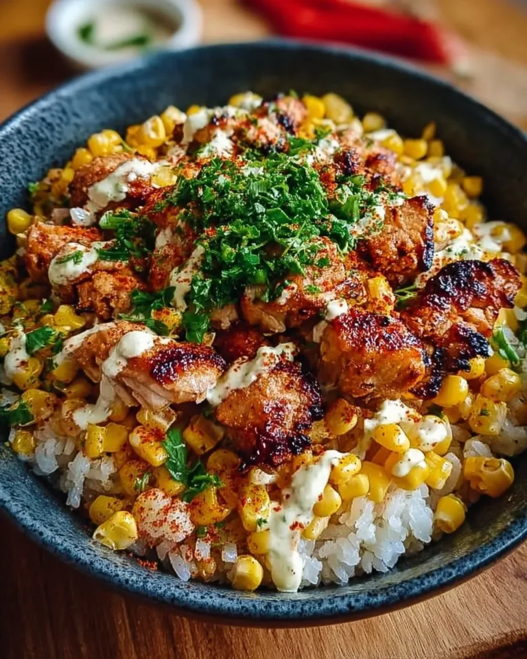 Delicious Street Corn Chicken Rice Bowl with grilled chicken and fresh ingredients