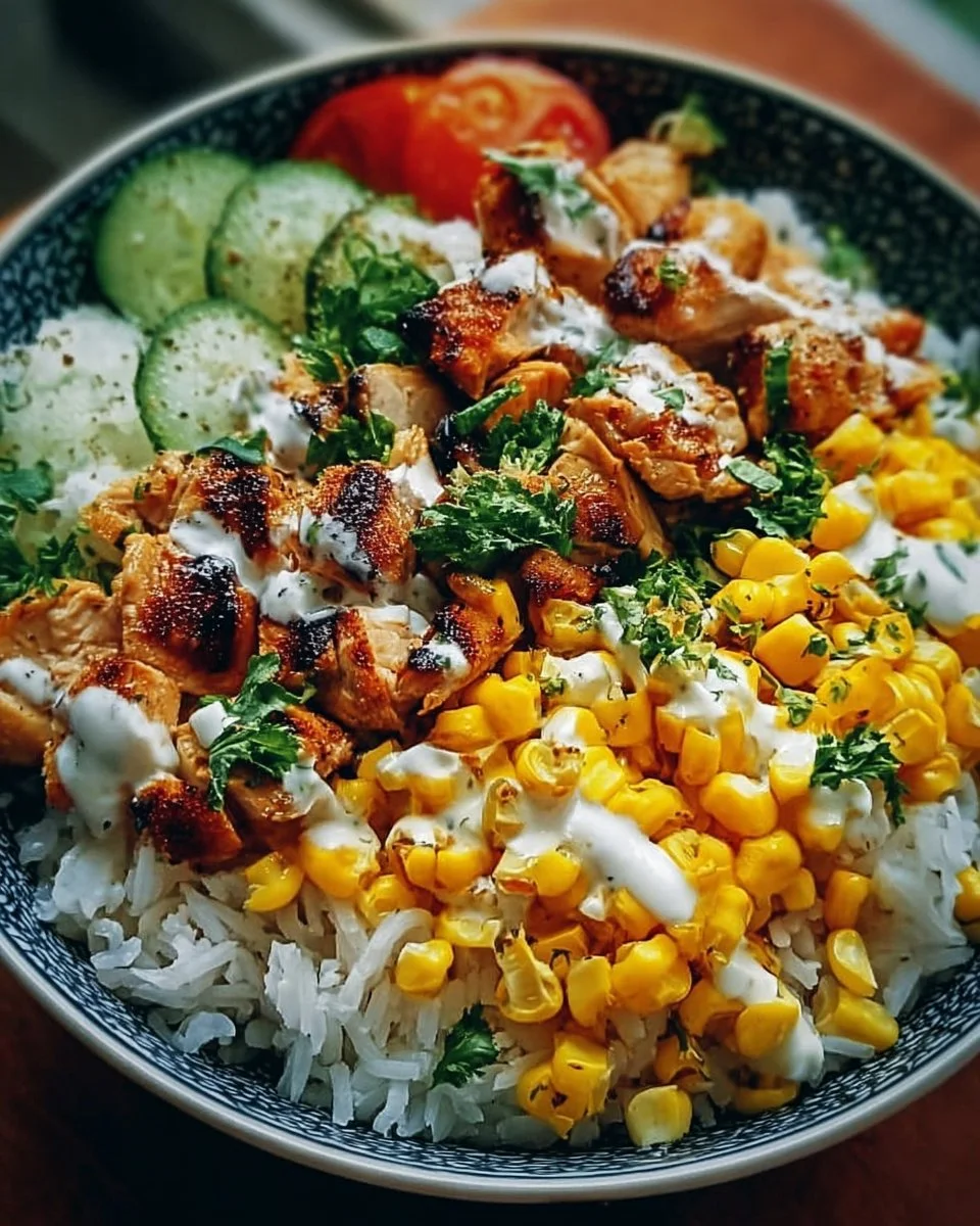 Delicious Street Corn Chicken Rice Bowl with chicken, corn, and rice