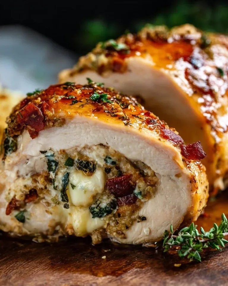 Juicy stuffed chicken breast with flavorful filling served on a plate.