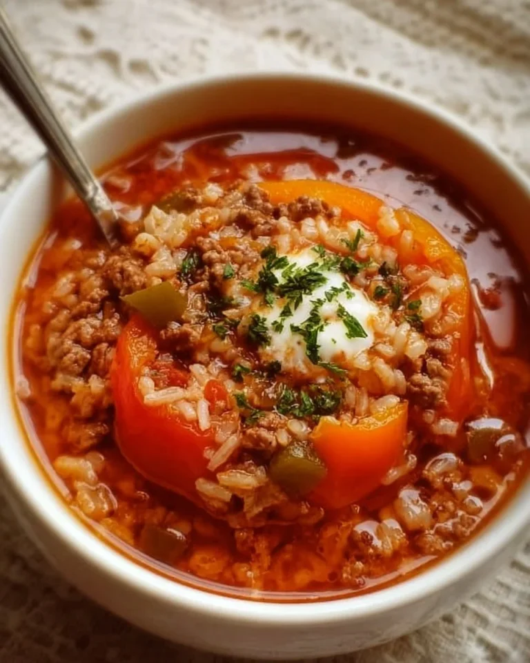 Delicious bowl of stuffed peppers soup with vibrant colors and fresh ingredients