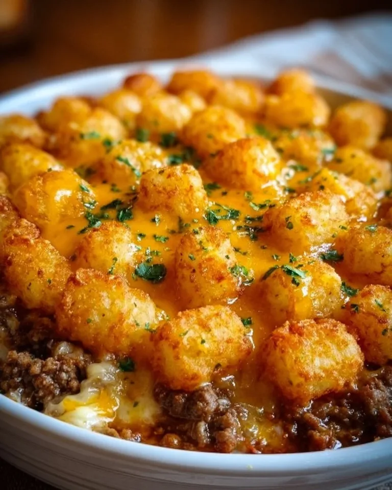 Delicious tater tot casserole with ground beef and cheese