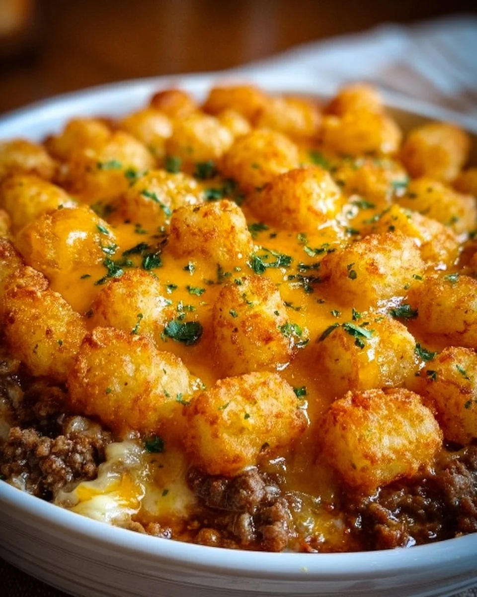 Delicious tater tot casserole with ground beef and cheese