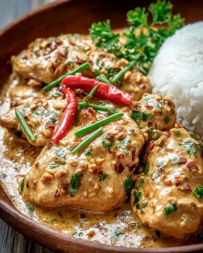 Plate of Thai Peanut Chicken with vegetables and peanut sauce served on a white dish