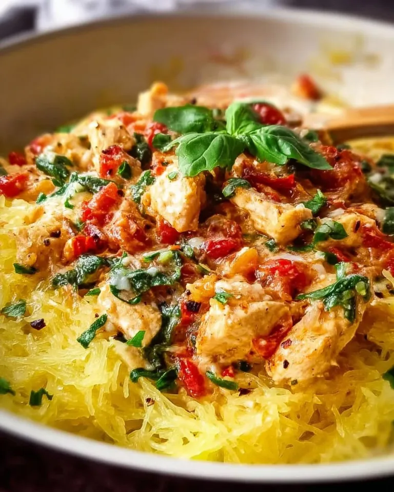 Delicious Tuscan Chicken served with spaghetti squash on a plate.
