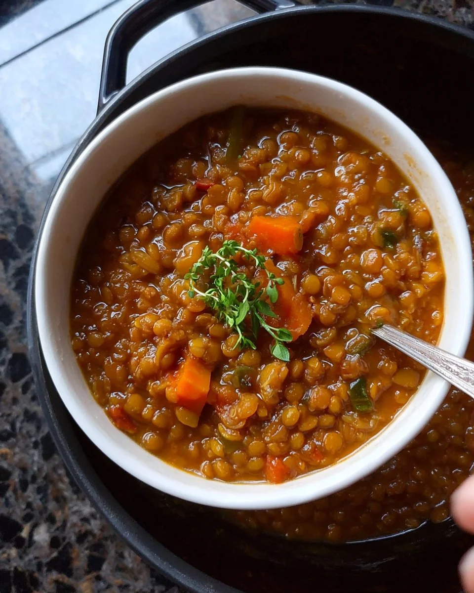 Bowl of vegan lentil soup topped with fresh herbs and spices