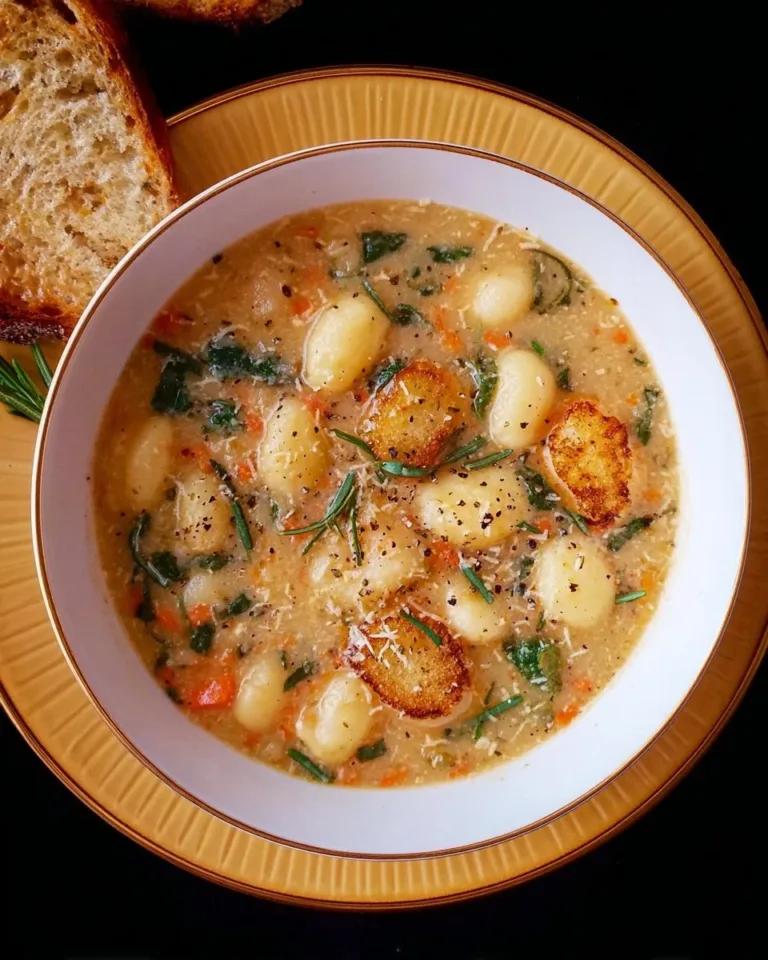 Delicious vegetarian gnocchi soup with fresh vegetables and herbs