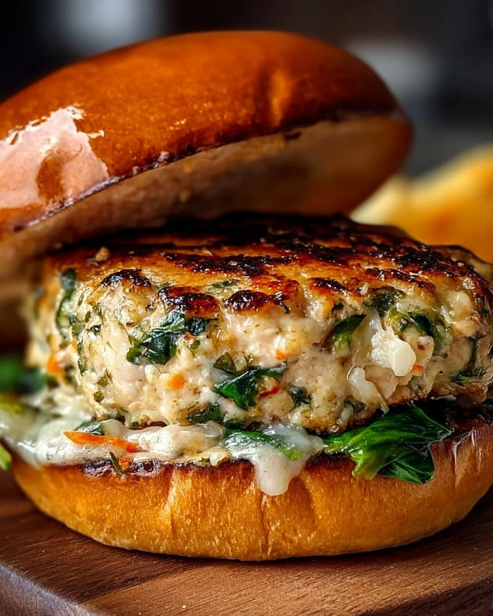 White Cheddar and Spinach Chicken Burgers served on a plate