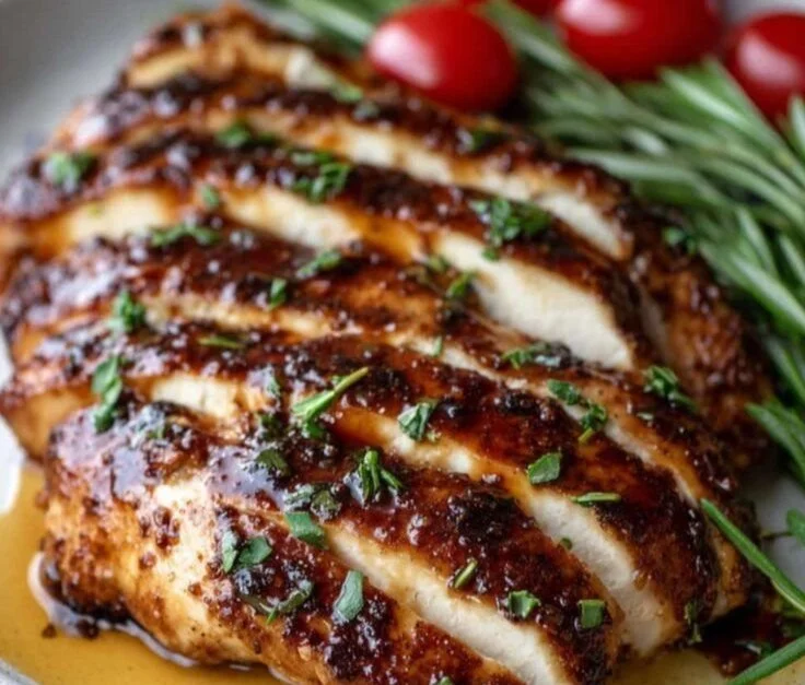 Delicious Balsamic Baked Chicken Breast garnished with herbs and served on a plate.