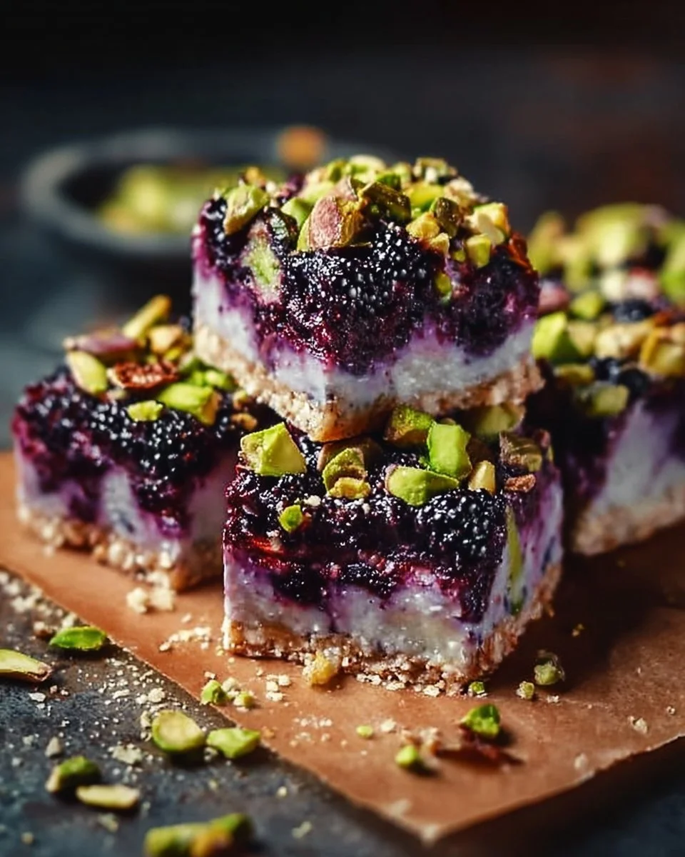 Delicious Blackberry Pistachio Dream Bars with a tart blackberry topping and crunchy nuts