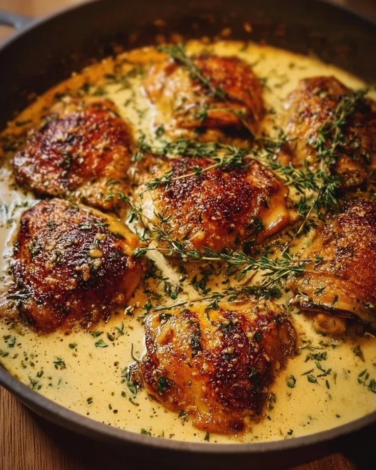 Bobby Flay's skillet chicken thighs simmering in garlic cream sauce