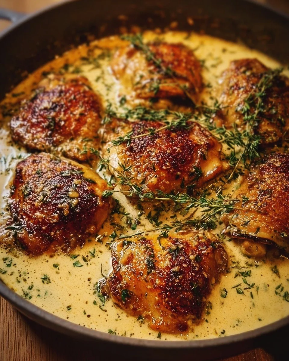 Bobby Flay's skillet chicken thighs simmering in garlic cream sauce